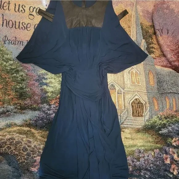 Yigal Azrouel Draped Leather Trim Cold Shoulder Designer Dress Blue 2 - Picture 6 of 13